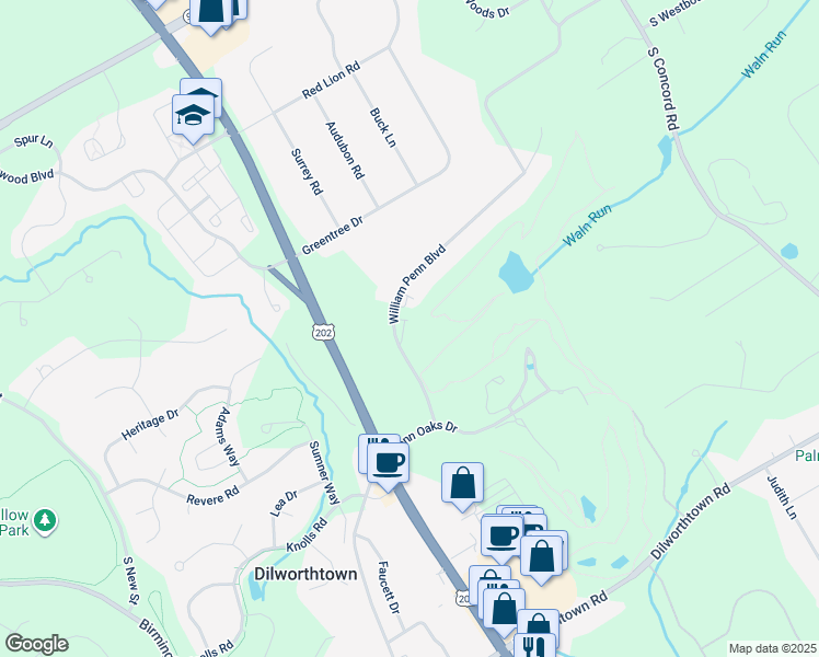 map of restaurants, bars, coffee shops, grocery stores, and more near 145 William Penn Boulevard in West Chester