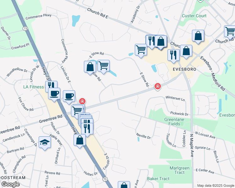 map of restaurants, bars, coffee shops, grocery stores, and more near 5 Eves Drive in Evesham Township