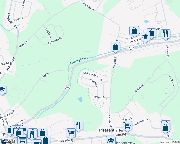 map of restaurants, bars, coffee shops, grocery stores, and more near 560 Thomas Armor Drive in Windsor