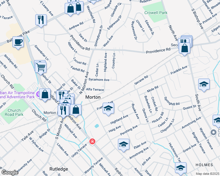 map of restaurants, bars, coffee shops, grocery stores, and more near 503 Highland Avenue in Morton