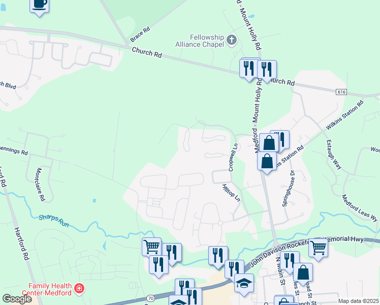 map of restaurants, bars, coffee shops, grocery stores, and more near 23 William Penn Circle in Medford