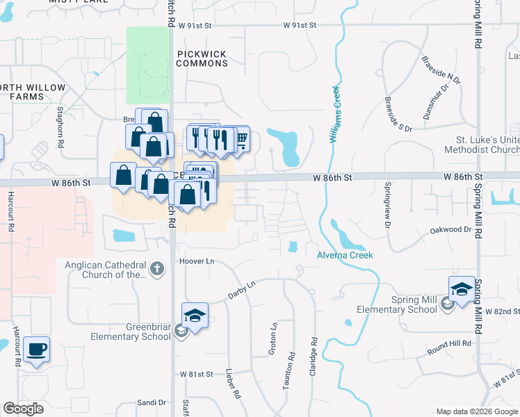 map of restaurants, bars, coffee shops, grocery stores, and more near 1063 Winterthur in Indianapolis