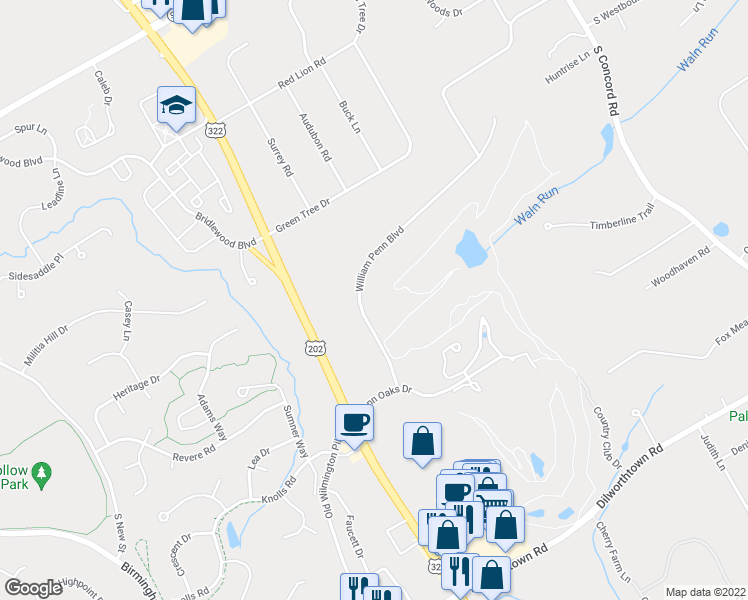 map of restaurants, bars, coffee shops, grocery stores, and more near 145 William Penn Boulevard in West Chester