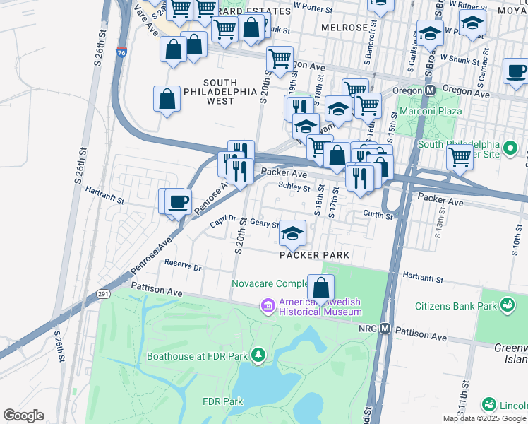 map of restaurants, bars, coffee shops, grocery stores, and more near 1932 Forrestal Street in Philadelphia