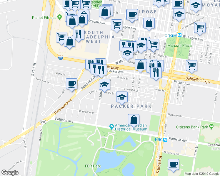 map of restaurants, bars, coffee shops, grocery stores, and more near 1932 Forrestal Street in Philadelphia