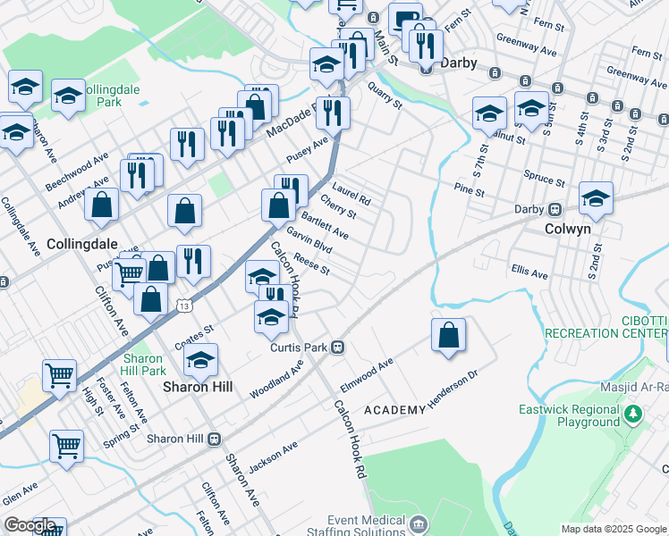 map of restaurants, bars, coffee shops, grocery stores, and more near 221 Reese Street in Sharon Hill