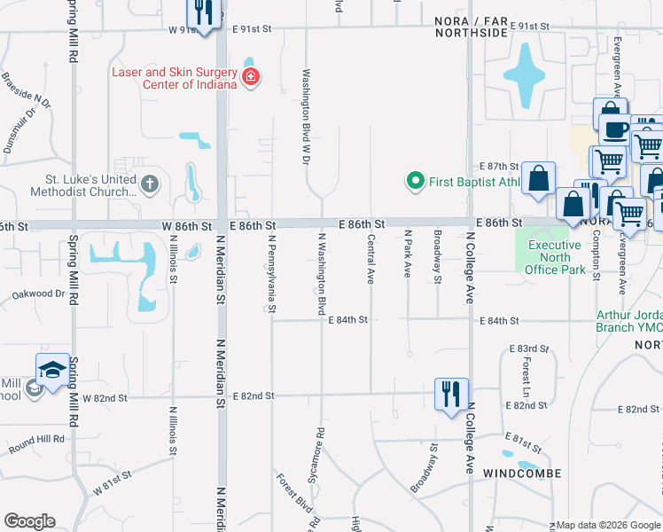 map of restaurants, bars, coffee shops, grocery stores, and more near 8455 North Washington Boulevard in Indianapolis