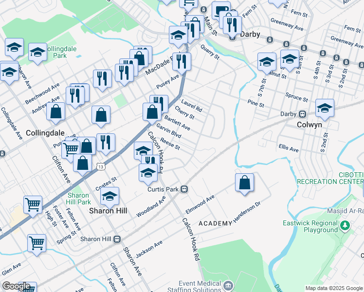 map of restaurants, bars, coffee shops, grocery stores, and more near 221 Reese Street in Sharon Hill