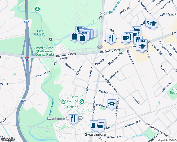 map of restaurants, bars, coffee shops, grocery stores, and more near 518 Cedar Lane in Swarthmore