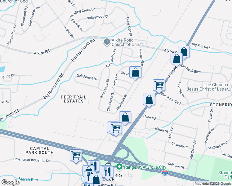 map of restaurants, bars, coffee shops, grocery stores, and more near Riat Run Rd in Grove City