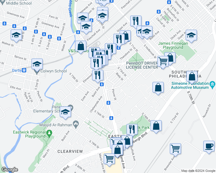 map of restaurants, bars, coffee shops, grocery stores, and more near 2643 Island Avenue in Philadelphia