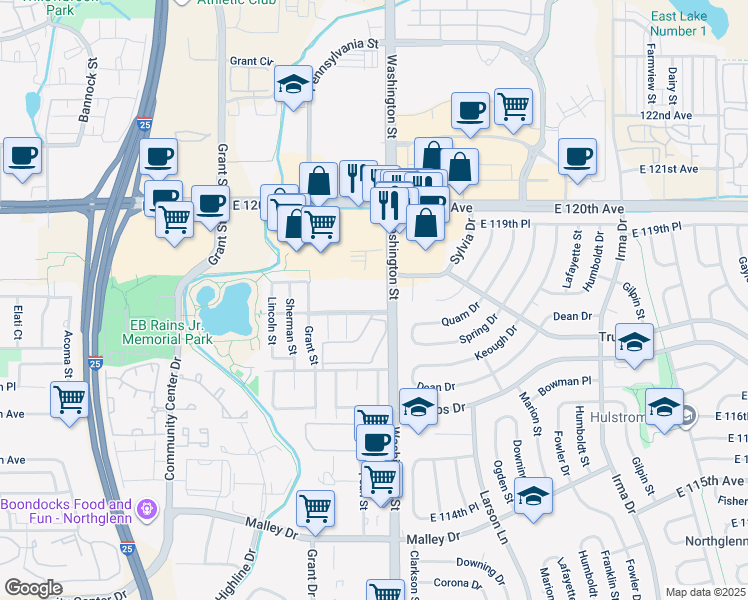 map of restaurants, bars, coffee shops, grocery stores, and more near 11801 Washington Street in Northglenn