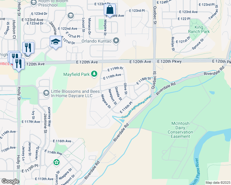 map of restaurants, bars, coffee shops, grocery stores, and more near 11739 Oneida Street in Thornton
