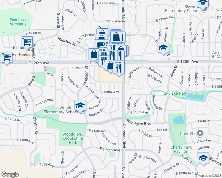 map of restaurants, bars, coffee shops, grocery stores, and more near 11000 Jackson Circle in Thornton