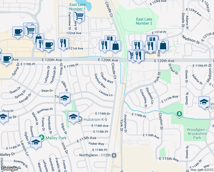 map of restaurants, bars, coffee shops, grocery stores, and more near 11801 Gaylord Way in Northglenn