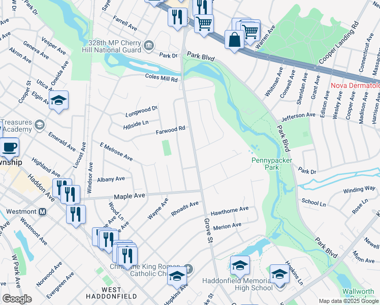 map of restaurants, bars, coffee shops, grocery stores, and more near 713 Cedar Avenue in Haddonfield