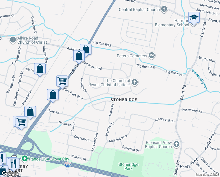 map of restaurants, bars, coffee shops, grocery stores, and more near 2520 Blue Rock Boulevard in Grove City