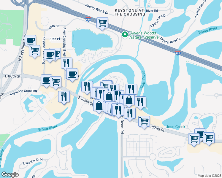 map of restaurants, bars, coffee shops, grocery stores, and more near 8447 Clearwater Lane in Indianapolis
