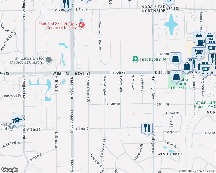 map of restaurants, bars, coffee shops, grocery stores, and more near 8455 North Washington Boulevard in Indianapolis