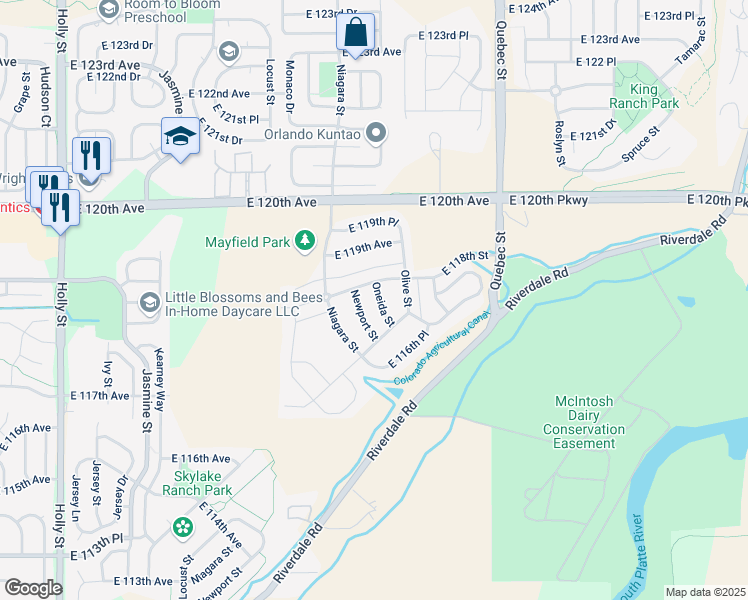 map of restaurants, bars, coffee shops, grocery stores, and more near 11739 Oneida Street in Thornton