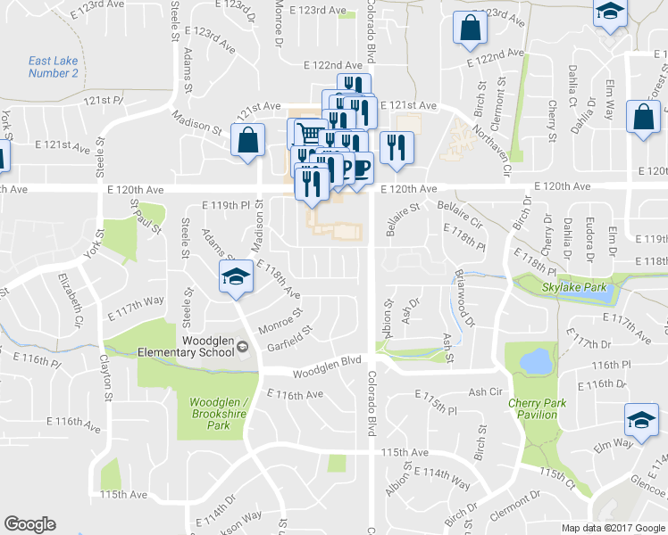 map of restaurants, bars, coffee shops, grocery stores, and more near 11000 Jackson Circle in Thornton