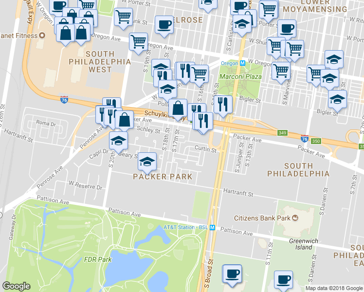 map of restaurants, bars, coffee shops, grocery stores, and more near 3152 South Smedley Street in Philadelphia