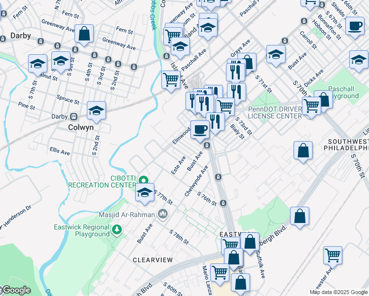map of restaurants, bars, coffee shops, grocery stores, and more near 2526 South Bellford Street in Philadelphia