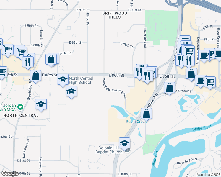 map of restaurants, bars, coffee shops, grocery stores, and more near 8505 Woodfield Crossing Boulevard in Indianapolis