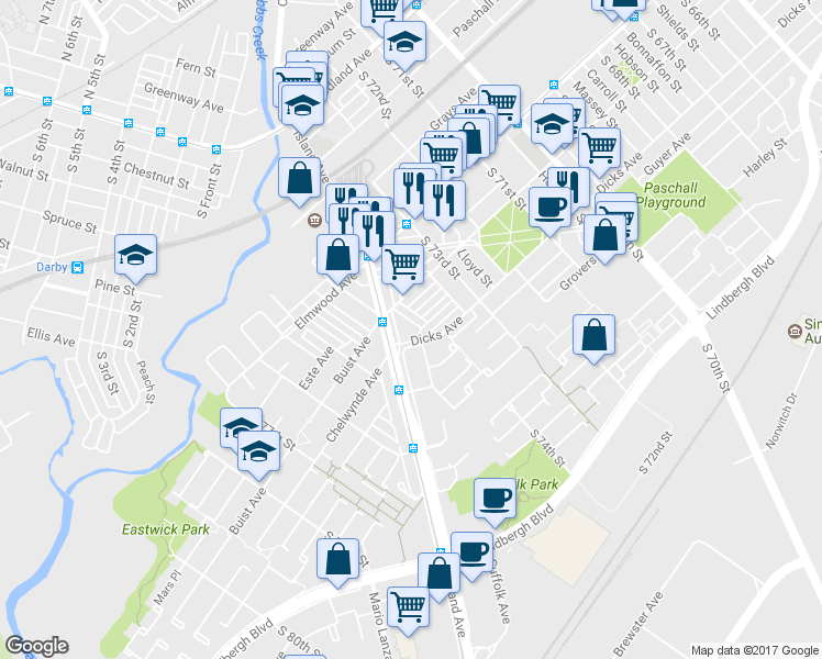 map of restaurants, bars, coffee shops, grocery stores, and more near 7417 Dicks Avenue in Philadelphia