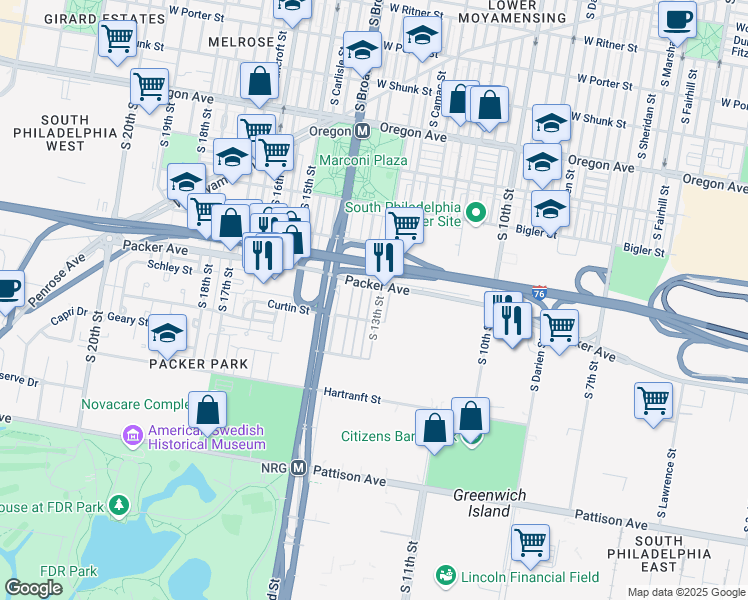 map of restaurants, bars, coffee shops, grocery stores, and more near 3135 South Juniper Street in Philadelphia