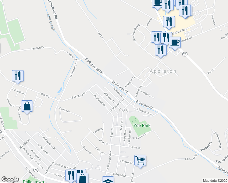 map of restaurants, bars, coffee shops, grocery stores, and more near 141 West Water Street in Yoe