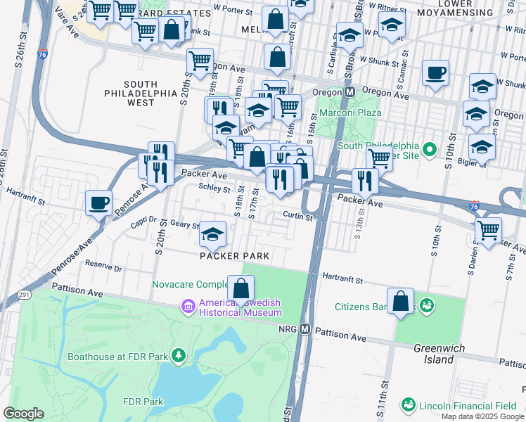 map of restaurants, bars, coffee shops, grocery stores, and more near 3150 South Smedley Street in Philadelphia