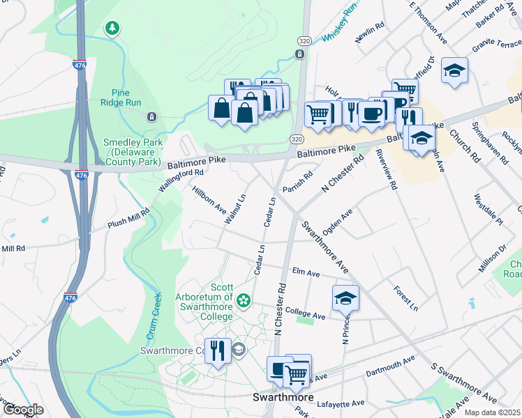 map of restaurants, bars, coffee shops, grocery stores, and more near 518 Cedar Lane in Swarthmore
