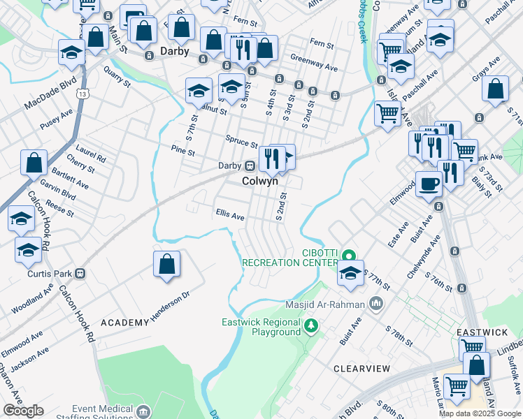 map of restaurants, bars, coffee shops, grocery stores, and more near 438 South 3rd Street in Darby