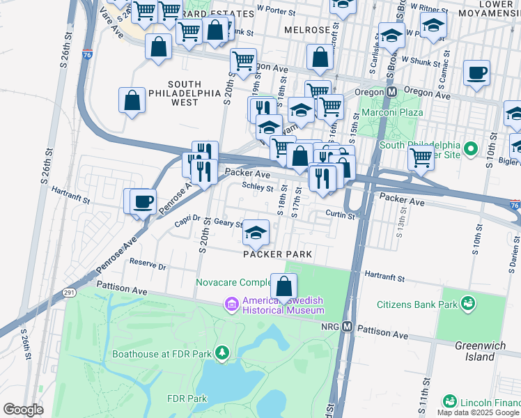 map of restaurants, bars, coffee shops, grocery stores, and more near 1839 Forrestal St in Philadelphia