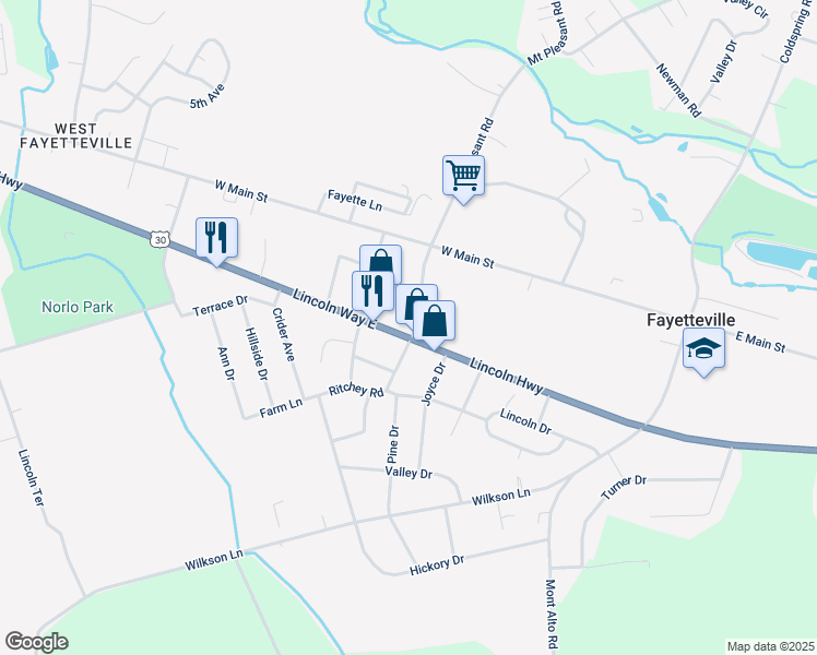 map of restaurants, bars, coffee shops, grocery stores, and more near 3675 Lincoln Way East in Fayetteville
