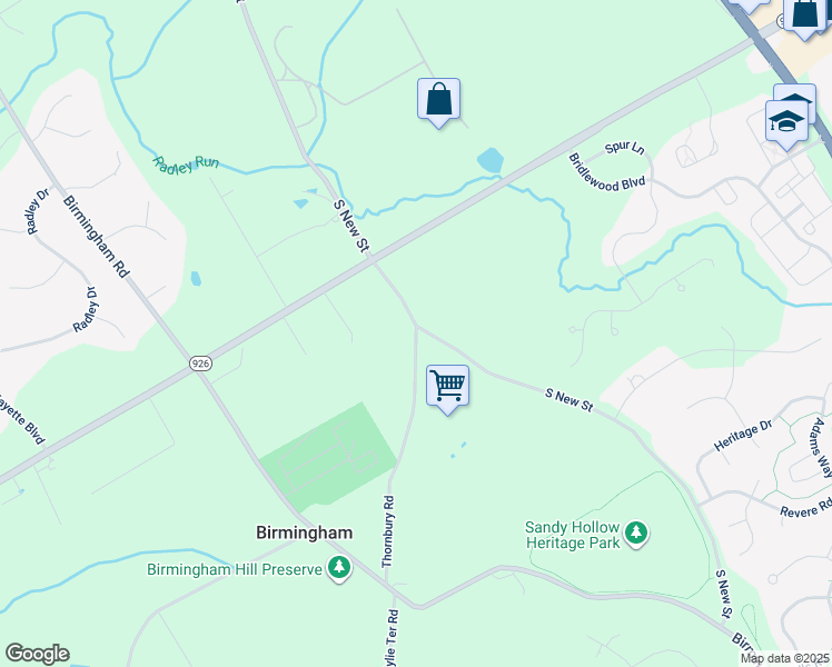 map of restaurants, bars, coffee shops, grocery stores, and more near 1294 Thornbury Road in West Chester