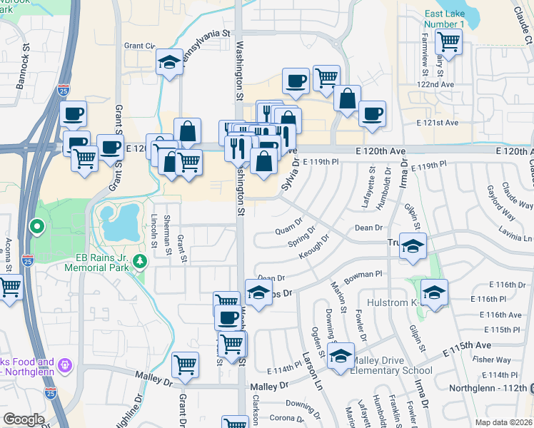 map of restaurants, bars, coffee shops, grocery stores, and more near 11812 McCrumb Drive in Northglenn