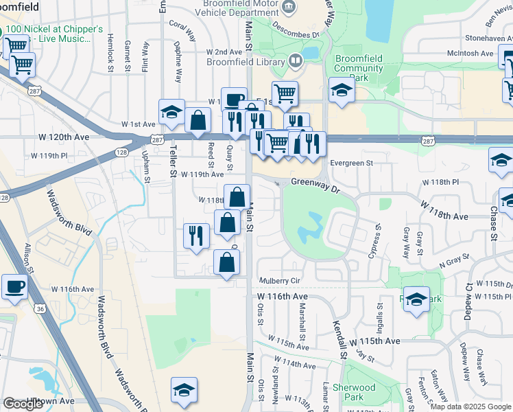 map of restaurants, bars, coffee shops, grocery stores, and more near 6801 West 117th Avenue in Broomfield
