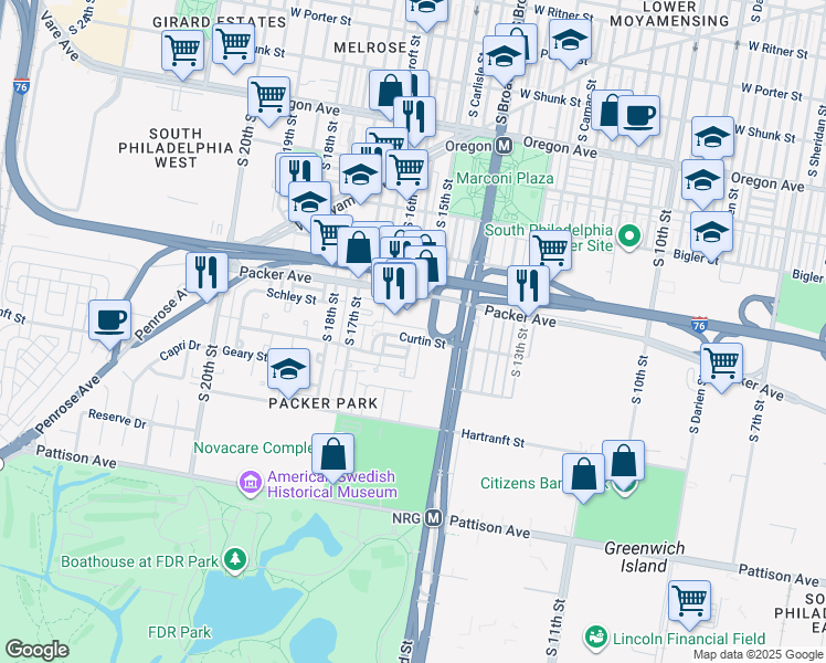 map of restaurants, bars, coffee shops, grocery stores, and more near 1515 Curtin Street in Philadelphia