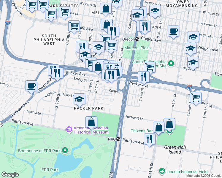 map of restaurants, bars, coffee shops, grocery stores, and more near 1527 Forrestal Street in Philadelphia