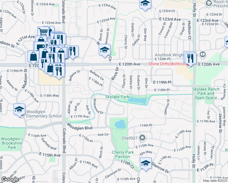 map of restaurants, bars, coffee shops, grocery stores, and more near 4522 East 118th Place in Thornton