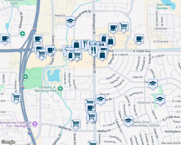 map of restaurants, bars, coffee shops, grocery stores, and more near 11701 Pennsylvania Street in Northglenn