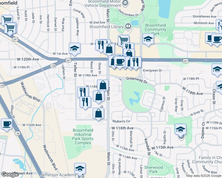 map of restaurants, bars, coffee shops, grocery stores, and more near 6801 West 117th Avenue in Broomfield