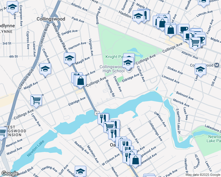 map of restaurants, bars, coffee shops, grocery stores, and more near 717 West Browning Road in Collingswood