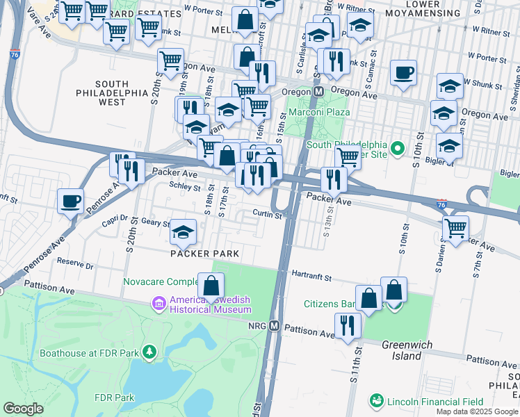 map of restaurants, bars, coffee shops, grocery stores, and more near 1527 Forrestal Street in Philadelphia