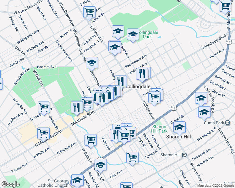 map of restaurants, bars, coffee shops, grocery stores, and more near in Collingdale