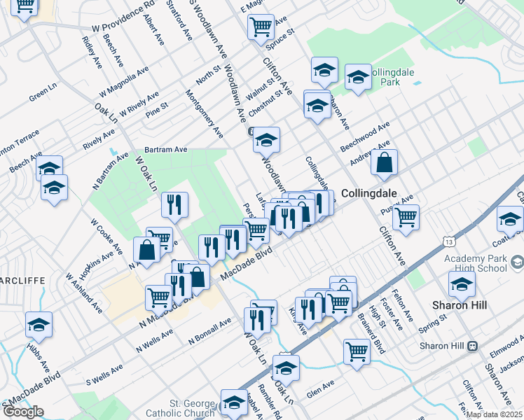 map of restaurants, bars, coffee shops, grocery stores, and more near 240 Lafayette Avenue in Collingdale