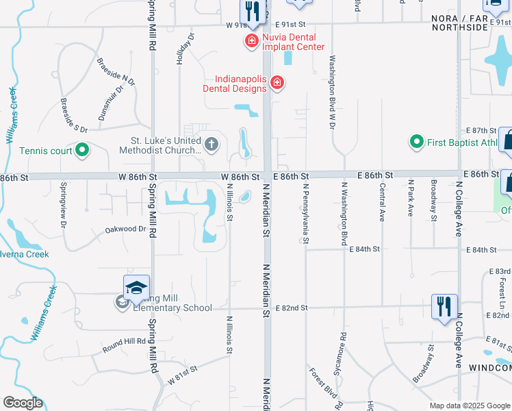 map of restaurants, bars, coffee shops, grocery stores, and more near 8500 North Meridian Street in Indianapolis