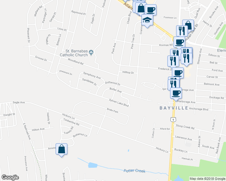 map of restaurants, bars, coffee shops, grocery stores, and more near 82 Chain Boulevard in Berkeley Township